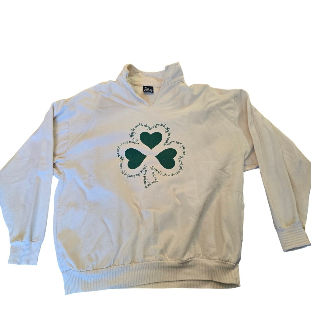VTG Irish Prayer Sweatshirt Collar With POCKETS white & green Wek the‎ World 2